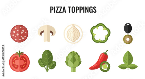 Flat illustration showing ten pizza toppings arranged in two rows