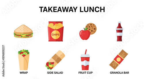 Eight takeaway lunch items displayed with labels against a white background