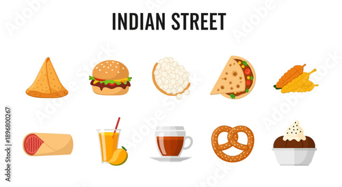 Illustration of ten different Indian street food and beverage items