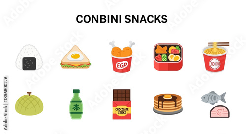 Illustration of ten distinct convenience store snacks arranged in two rows