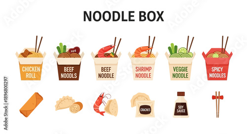 Illustration of various noodle boxes sides and condiments from an Asian takeaway menu