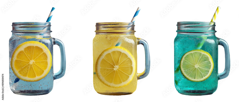 Fototapeta premium Refreshing Lemonade Drinks in Mason Jars with Bright Colors and Straws