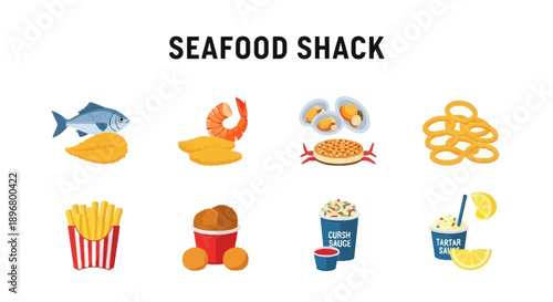 Seafood Shack menu illustration with fish shrimp crab fries and sauces