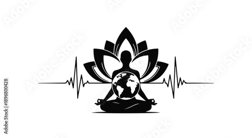 Person meditating in lotus pose with earth in silhouette and heartbeat line