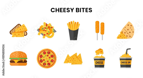 Ten flatdesign icons of cheesy food items arranged in two rows