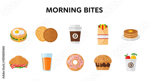 Ten flatdesign icons of breakfast food and drinks arranged in two rows