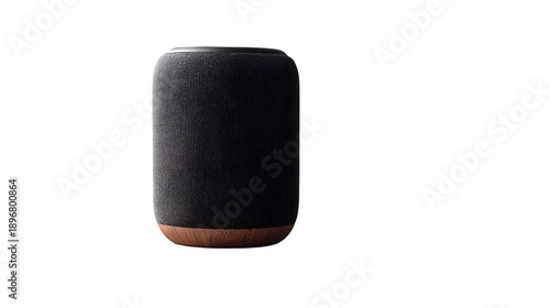 Black wireless bluetooth speaker with brown base isolated on white background