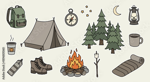 Camping equipment and supplies illustration set.