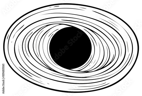 Stylized Black Hole Illustration with Spiraling Lines and Elliptical Shape, Cosmic Vortex