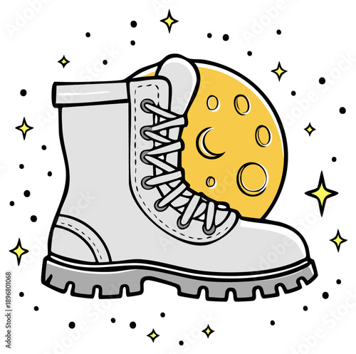 Sturdy adventure boot with bright moon and sparkling stars cosmic journey concept