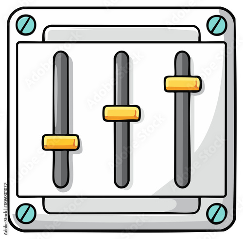 Cartoon-style illustration of a mixing board with three sliders, a music and sound concept.
