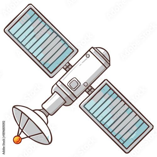 Cute cartoon satellite with solar panels and dish antenna vector illustration