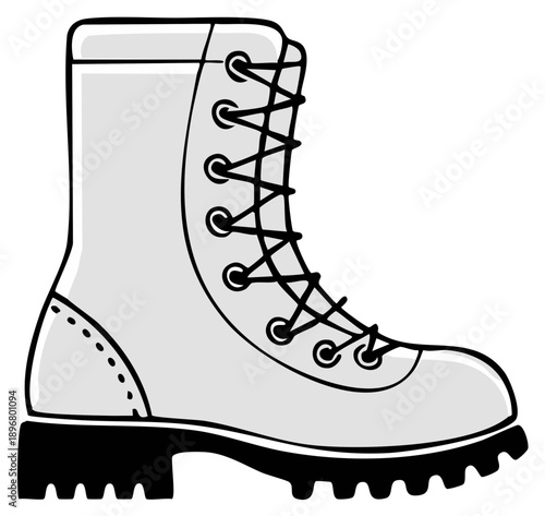 Grey leather combat boot with black sole and laces, rugged footwear design, simple illustration