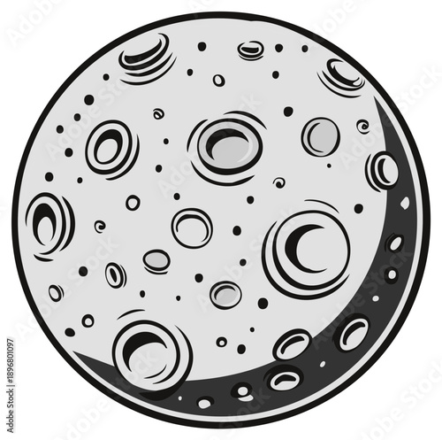 Stylized full moon illustration with craters and shadow detail, graphic art style