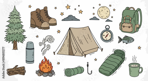 Camping Gear and Outdoor Adventure Elements Collection.