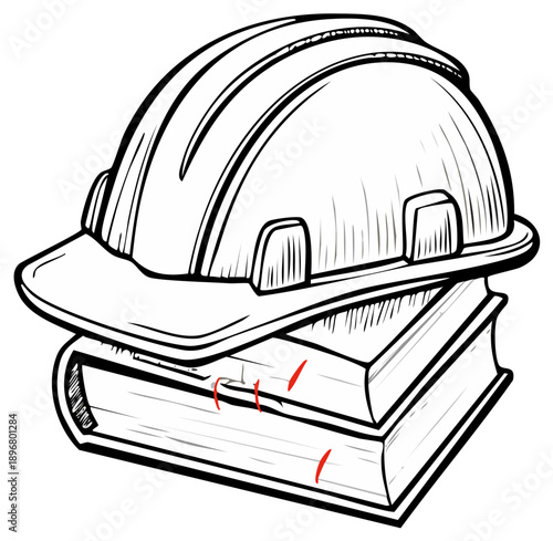 Black and white drawing of a hardhat on books representing worker training and safety knowledge