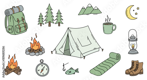 Camping Gear and Outdoor Adventure Elements Collection.