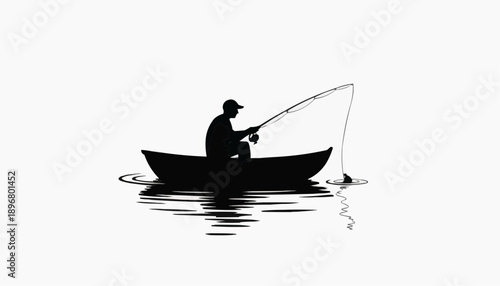 silhouette of a man in a boat Man Fishing from Boat with Rod on Water Vector Illustration