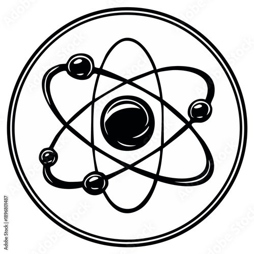 Detailed black and white atomic model illustration with orbiting electrons in a bold circular design