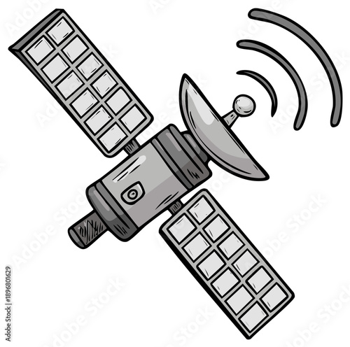 Grayscale cartoon satellite illustration transmitting a signal with solar panels