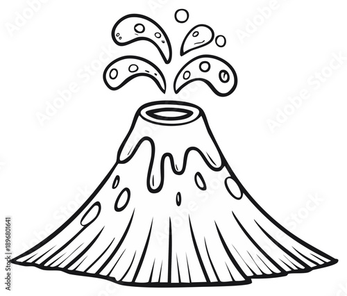 Hand drawn cartoon erupting volcano spewing liquid and bubbles in black and white outline
