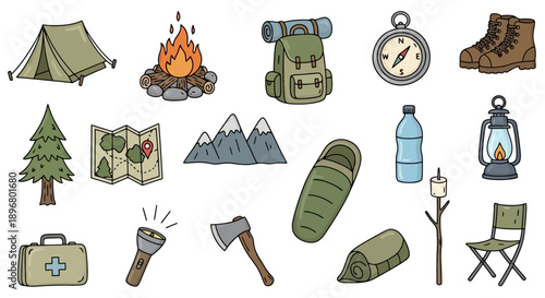 Camping Gear Collection Outdoor Adventure Elements.