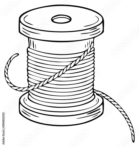 Black and white line art illustration of a spool with braided rope wound around it sewing craft supply material