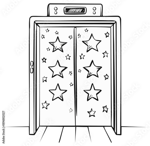 Hand drawn cartoon elevator with star decorated doors a symbol of success and opportunity