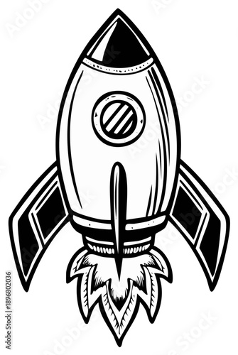 Vintage Rocket Ship Launching with Flames Black and White Comic Style Illustration