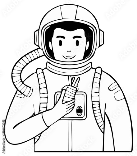 Astronaut showing peace sign, black and white line art illustration, spaceman in spacesuit