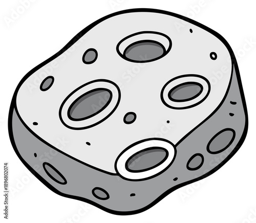 Cartoon illustration of a grey asteroid with craters floating in space