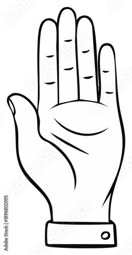 Black and white line art illustration of an open hand with palm forward gesturing stop or hello