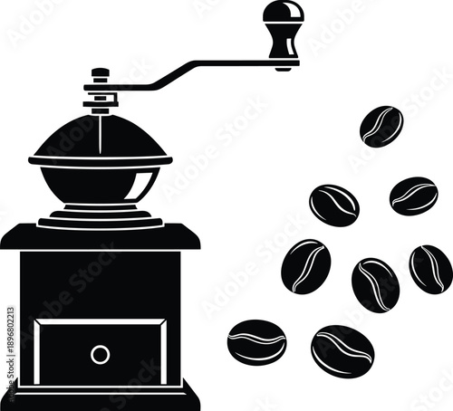 Vector illustration of manual coffee grinder with eleven coffee beans in black and white style for brewing, cafe, and kitchen themes.