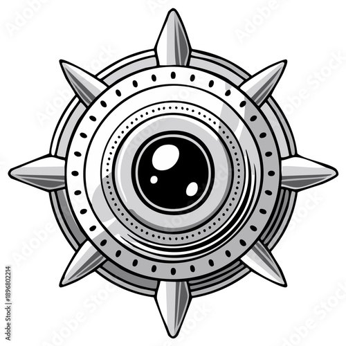 Stylized illustration of a round metallic object with spikes and a central eye design