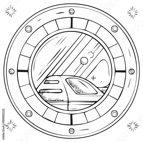 Futuristic high speed train traveling through a modern circular window porthole line art