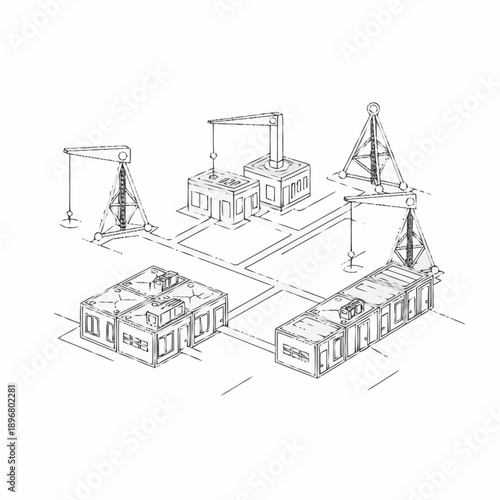 Construction Site with Cranes and Buildings Sketch.