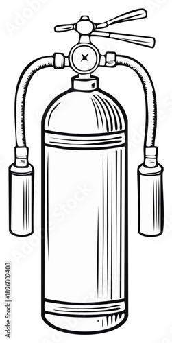 Black and white line drawing of a fire extinguisher emergency equipment vector illustration for safety and protection