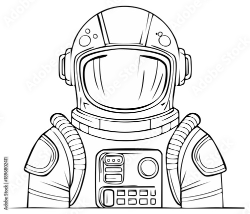 Detailed Astronaut Suit Illustration in Black and White, Line Art Space Explorer, Futuristic Gear