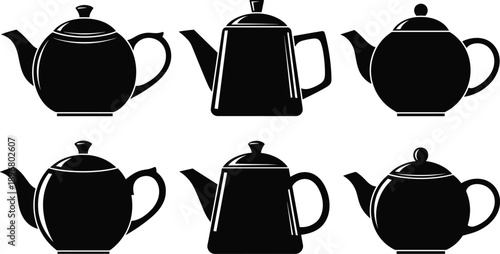 Vector illustration of six black teapot silhouettes with unique shapes and spouts for kitchen, tea, beverage, and cafe themes.