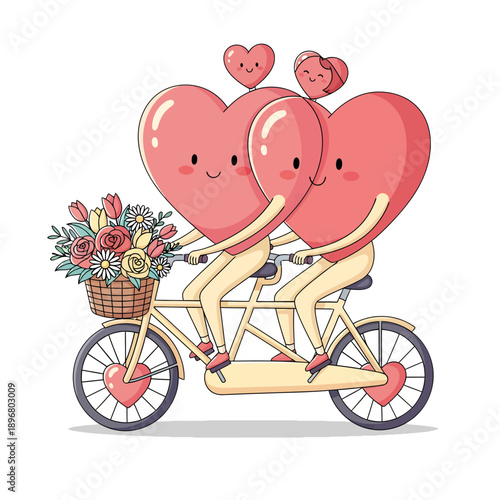Cute cartoon hearts enjoying a romantic tandem bicycle ride, sharing a moment of joy and togetherness with flowers, symbolizing love and companionship on a happy journey