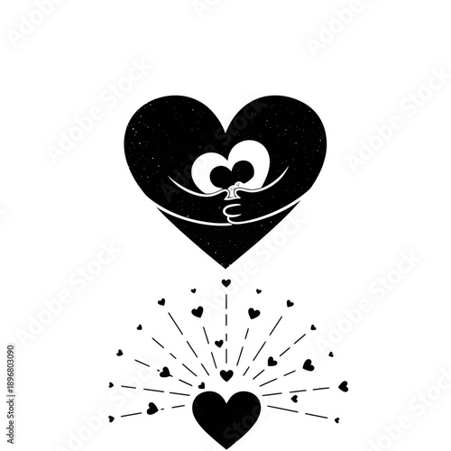 A heartwarming illustration of a loving heart embracing itself with a burst of smaller hearts emanating from below, symbolizing self-love and affection