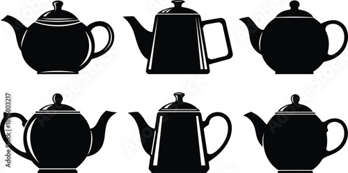 Vector illustration of six black teapot silhouettes with unique spout, handle, and lid designs for kitchen, tea, and cafe themes.