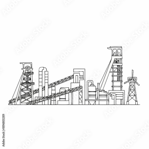 Industrial Mining Complex Silhouette with Towers and Conveyors.