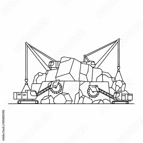 Industrial Mining Operation with Cranes and Excavators.