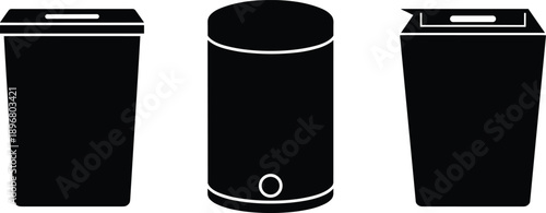 Vector illustration of three black trash bin silhouettes with different shapes and lids for waste disposal, recycling, and sanitation themes.