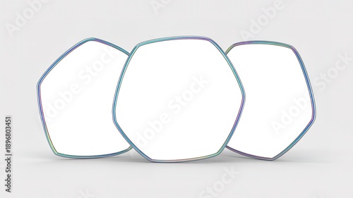 Three Iridescent Hexagonal Frames On White Background geometric shapes