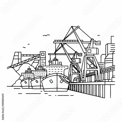 Industrial Port Scene with Cranes and Ships.