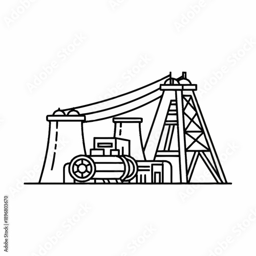 Industrial Power Plant Facility with Cooling Tower and Structures.