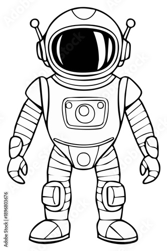 Friendly cartoon robot character standing with astronaut helmet antennae and futuristic details simple line art