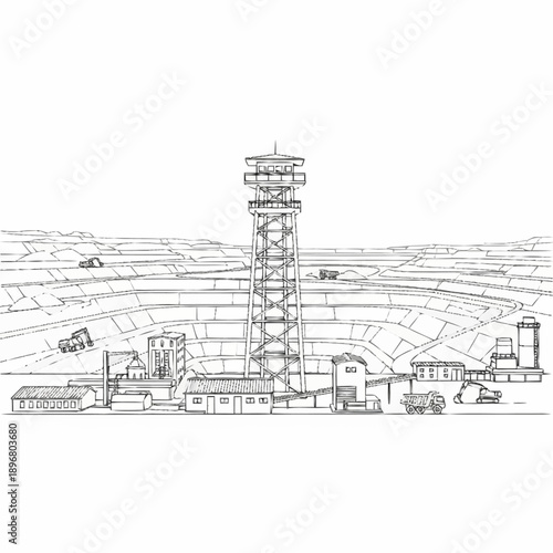 Industrial Observation Tower Complex with Surrounding Infrastructure.